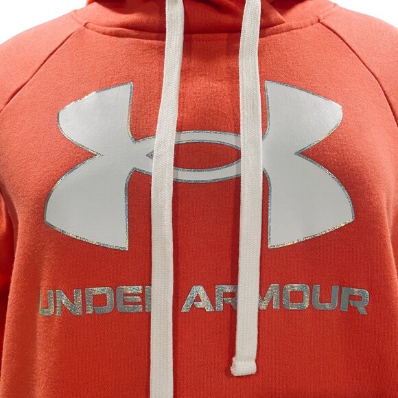 Under Armour Women’s Hoodie SZ Large Coral Orange Logo Pullover Fleece Fall Soft - Picture 6 of 9